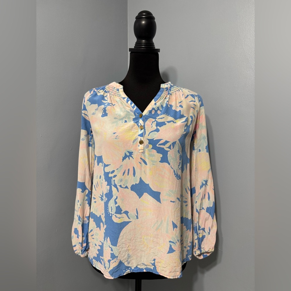 LILLY PULITZER Elsa 100% Silk Blouse with Crab Details Women’s Size XXS